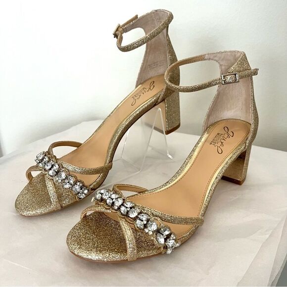 Jewel Badgley Mischka Giona Block Heel Evening Sandals Gold Glitter 8 in box. - Picture 5 of 10